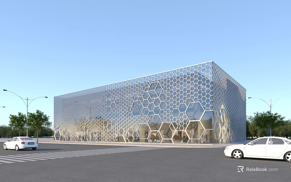 Modern Office Building With Honeycomb Patterned Metal Facade Glass Windows And Urban Street View 3d model 