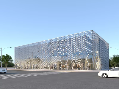 Modern Office Building With Honeycomb Patterned Metal Facade Glass Windows And Urban Street View 3d model