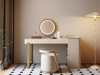 Elegant Dressing Table With Round Mirror White Countertop Golden Legs White Stool And Floor Lamp 3d model