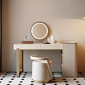 Elegant Dressing Table With Round Mirror White Countertop Golden Legs White Stool And Floor Lamp