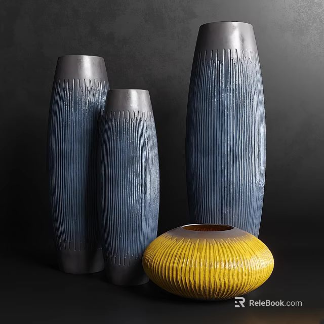 Modern Decorative Ornament Set With Tall Blue Textured Vases And Short Yellow Ceramic Bowl 3d model 