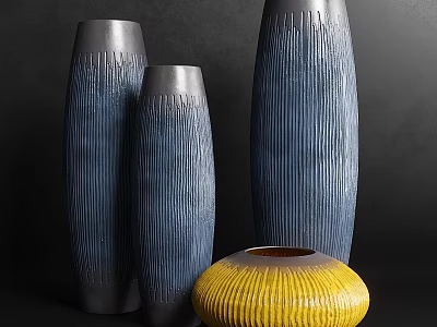 Modern Decorative Ornament Set With Tall Blue Textured Vases And Short Yellow Ceramic Bowl 3d model