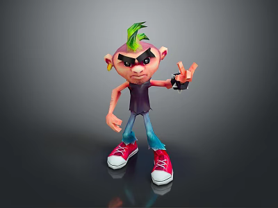 Animated Train with Green Haired Character Wearing Red Sneakers and Blue Pants 3d model