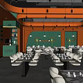 Elegant Modern Restaurant Interior With Orange Walls Green Partitions Round Tables And White Chairs