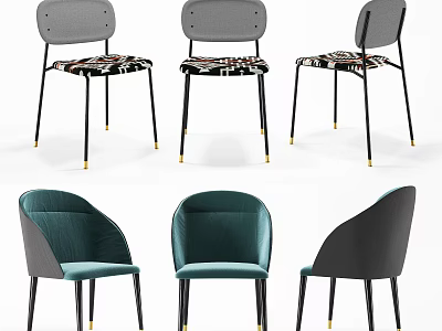 Modern Dining Chairs With Upholstered Seats Patterned And Solid Colors Black Metal Legs Gold Accents 3d model