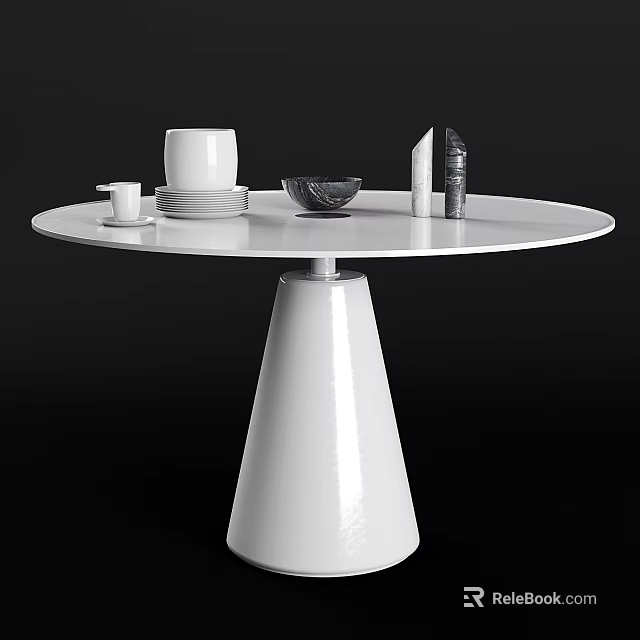White Round Dining Table With White Cups Plates Bowl And Decorative Items 3d model