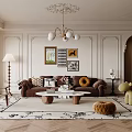 Luxurious Living Room Interior With Brown Sofa Chandelier Decorative Paintings And Area Rug