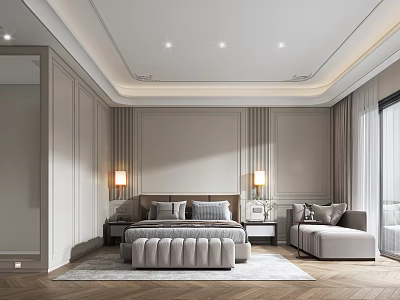 Elegant Bedroom Interior Featuring Paneled Walls Decorative Ceiling Bed Bedside Tables Lamps Sofa Herringbone Rug 3d model