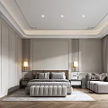 Elegant Bedroom Interior Featuring Paneled Walls Decorative Ceiling Bed Bedside Tables Lamps Sofa Herringbone Rug