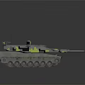 Camouflaged Military Tank With Cannon Tracks And Antennas On Dark Surface