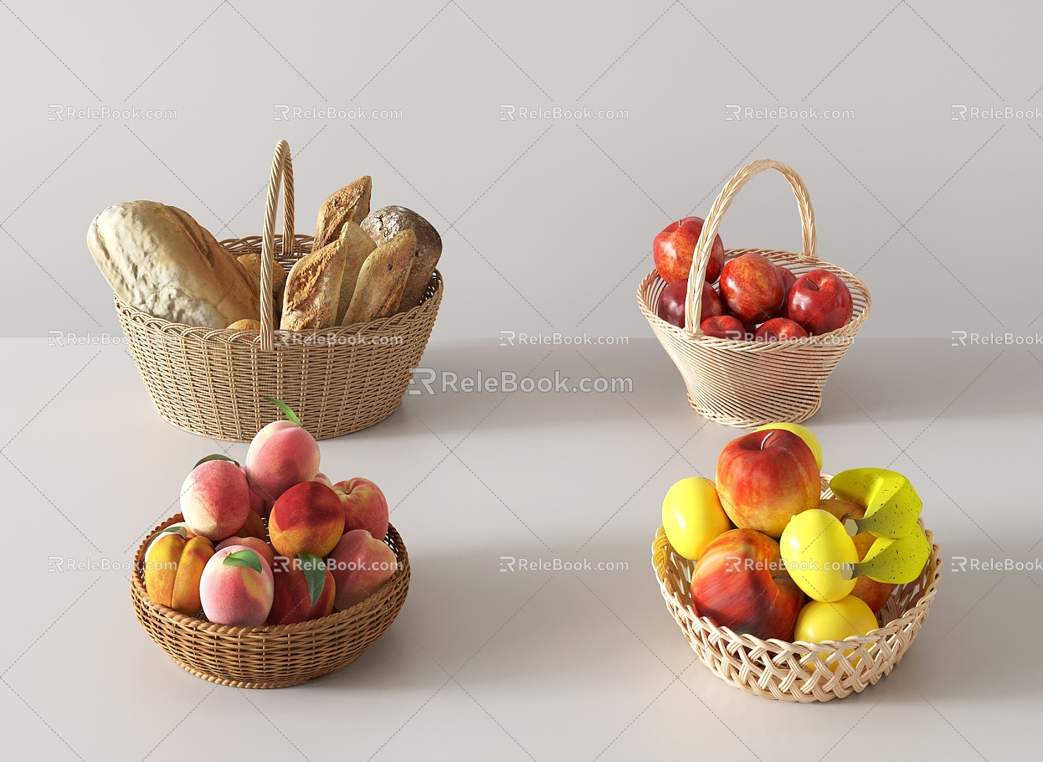 fruit rattan fruit basket bamboo fruit basket apple banana bread peach 3d model