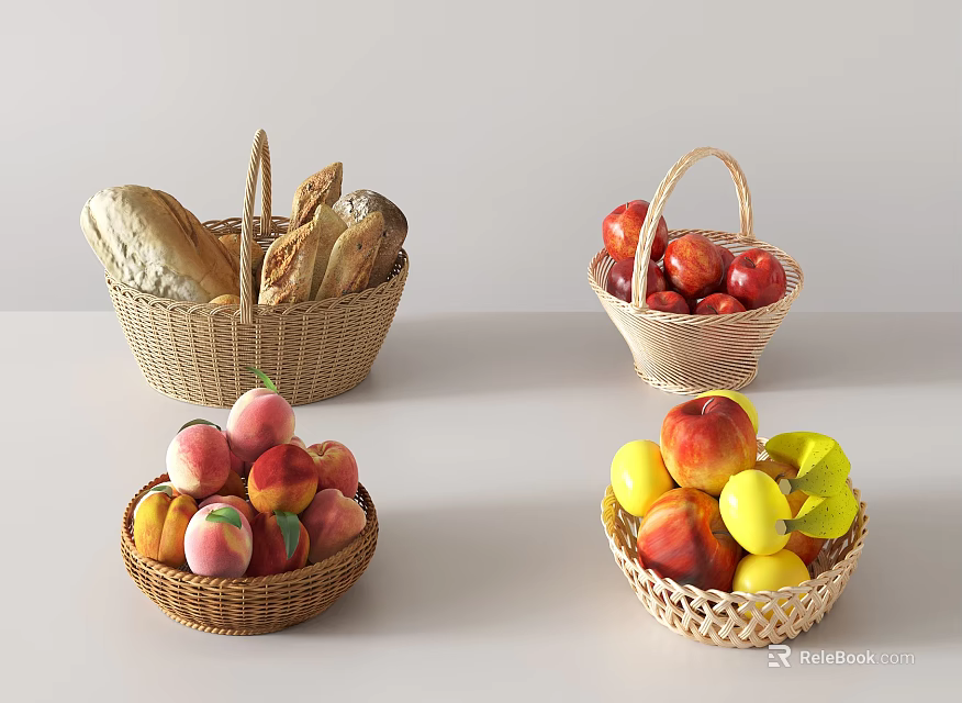 Fresh Assorted Fruits in Wicker Baskets With Peaches Apples Lemons 3d model 