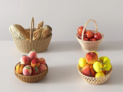 Fresh Assorted Fruits in Wicker Baskets With Peaches Apples Lemons 3d model