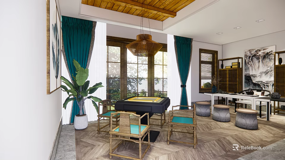 Hotel Mahjong Room With Chinese Style Wooden Ceiling Green Curtains Chairs And Plants 3d model 