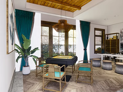 Hotel Mahjong Room With Chinese Style Wooden Ceiling Green Curtains Chairs And Plants 3d model
