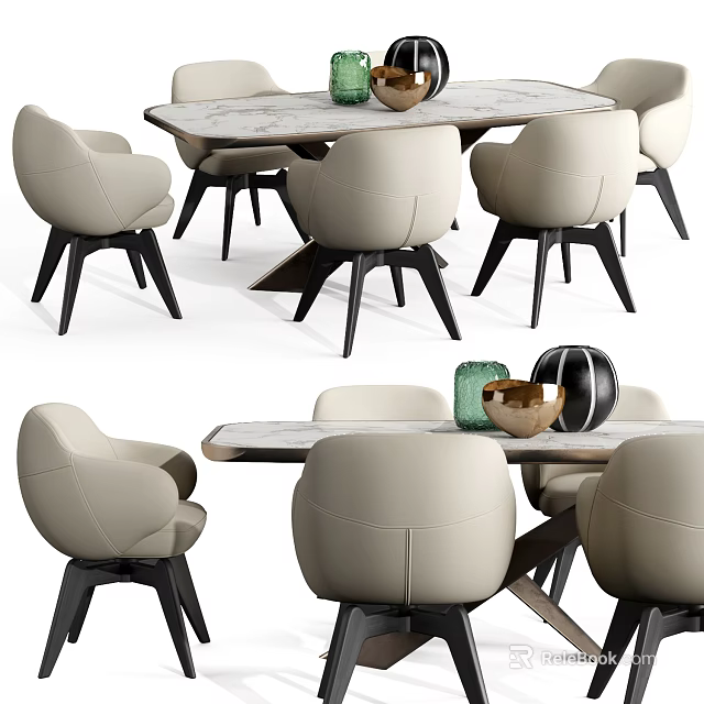 Modern Dining Table Set With Beige Leather Chairs Black Legs And Marble Top 3d model 