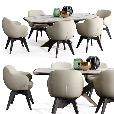 Modern Dining Table Set With Beige Leather Chairs Black Legs And Marble Top 3d model