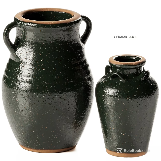 Two Piece Dark Green Ceramic Decorative Ornaments Set With Textured Surface And Gold Rim 3d model 