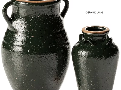 Two Piece Dark Green Ceramic Decorative Ornaments Set With Textured Surface And Gold Rim 3d model