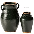 Two Piece Dark Green Ceramic Decorative Ornaments Set With Textured Surface And Gold Rim