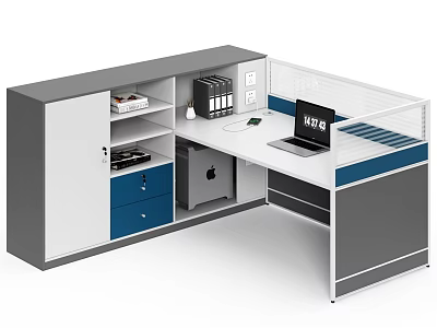 Modern Office Desk With Storage Cabinets Blue Drawers And Laptop On Partition 3d model