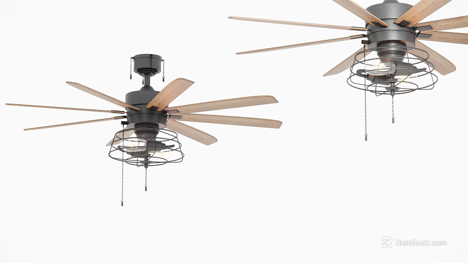 Two Modern Ceiling Fans With Wooden Blades And Metal Decorative Cage 3d model 