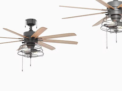 Two Modern Ceiling Fans With Wooden Blades And Metal Decorative Cage 3d model