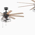 Two Modern Ceiling Fans With Wooden Blades And Metal Decorative Cage