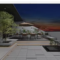 Serene Rooftop Garden Outdoor Space With Dining Table Chairs Umbrella Plants And Sunset Sky