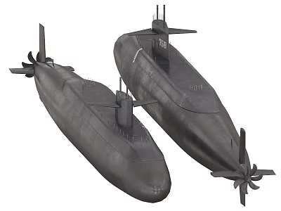 Two Military Submarines Side By Side With Dark Hull And Propeller Details 3d model