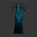 Teal Long Sleeve Square Neck Cutout Fitted Gown With Chic Patterned Fabric