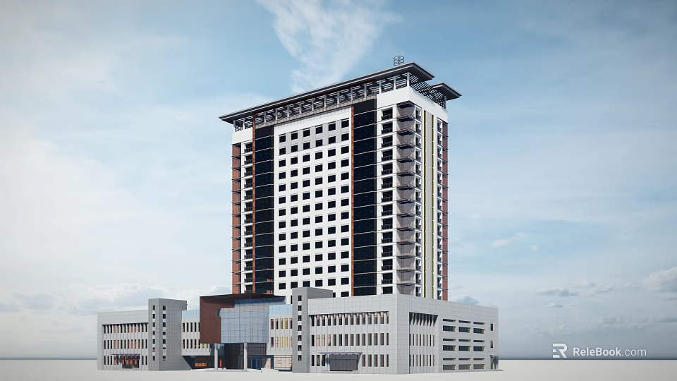 Modern High Rise Office Building Exterior With Window Facade And Attached Low Rise Wings 3d model 