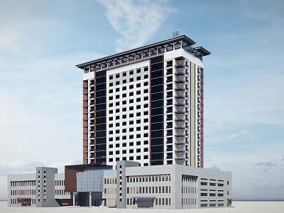Modern High Rise Office Building Exterior With Window Facade And Attached Low Rise Wings 3d model