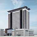 Modern High Rise Office Building Exterior With Window Facade And Attached Low Rise Wings