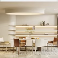 Modern Restaurant Interior Design With Dining Table Chairs And Lighted Decorative Shelves