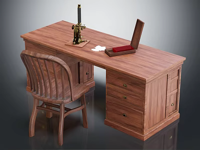 Classic Wooden Desk With Matching Chair Microscope Open Red Box And White Paper 3d model