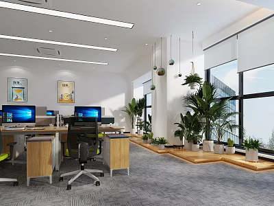 Modern Public Office Area With Workstations Computers Greenery Bright Lighting And Large Windows 3d model