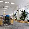 Modern Public Office Area With Workstations Computers Greenery Bright Lighting And Large Windows