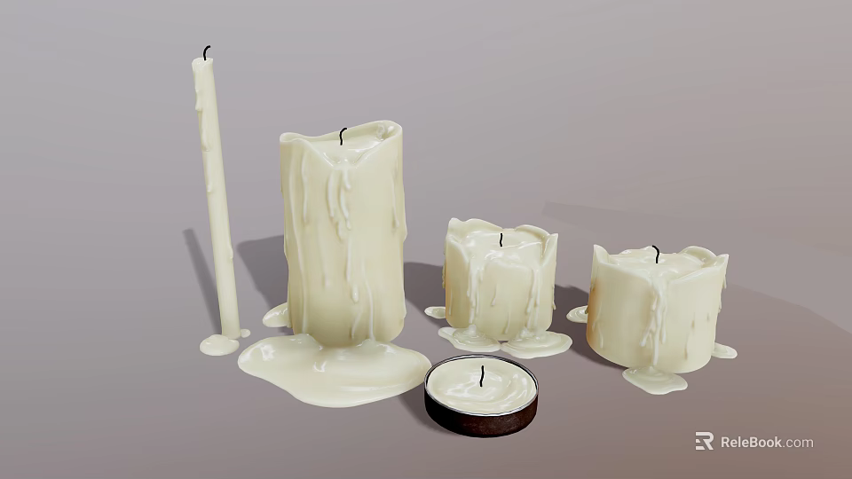 White Candles In Various Shapes With Melted Wax And Different Sizes 3d model 