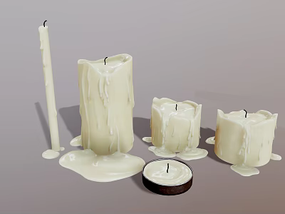 White Candles In Various Shapes With Melted Wax And Different Sizes 3d model