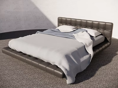 Modern Platform Double Bed With Black Headboard Light Gray Bedspread And White Pillows 3d model