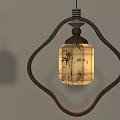 Three Traditional Chinese Style Pendant Lights With Landscape Prints And Wooden Frames