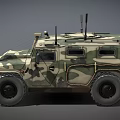 Military Armored Off Road Vehicle With Camouflage Paint Large Tires And Antennas