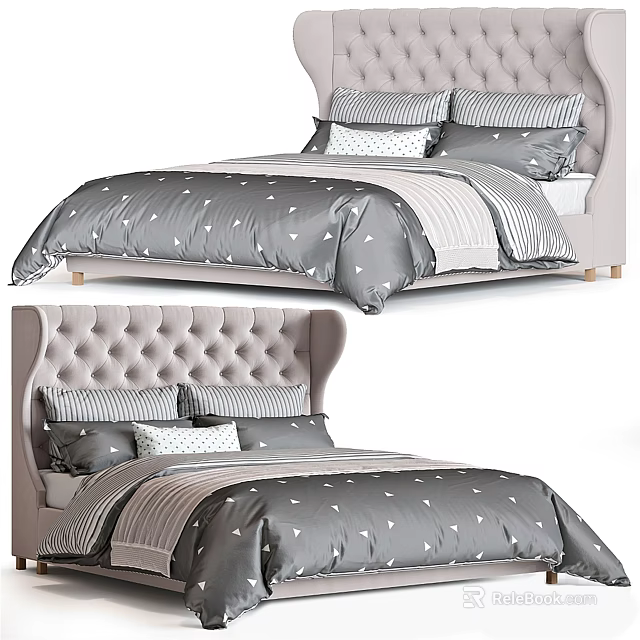 Modern Double Bed With Upholstered Headboard Gray Bedding Triangle Patterns And Striped Pillows 3d model