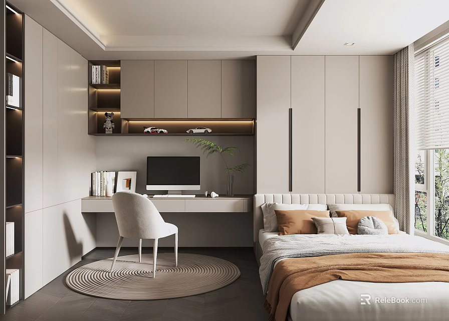 Modern Tatami Bedroom Interior Design With Desk Chair Round Rug And Window 3d model 