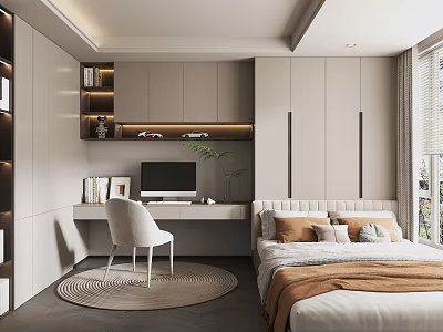 Modern Tatami Bedroom Interior Design With Desk Chair Round Rug And Window 3d model