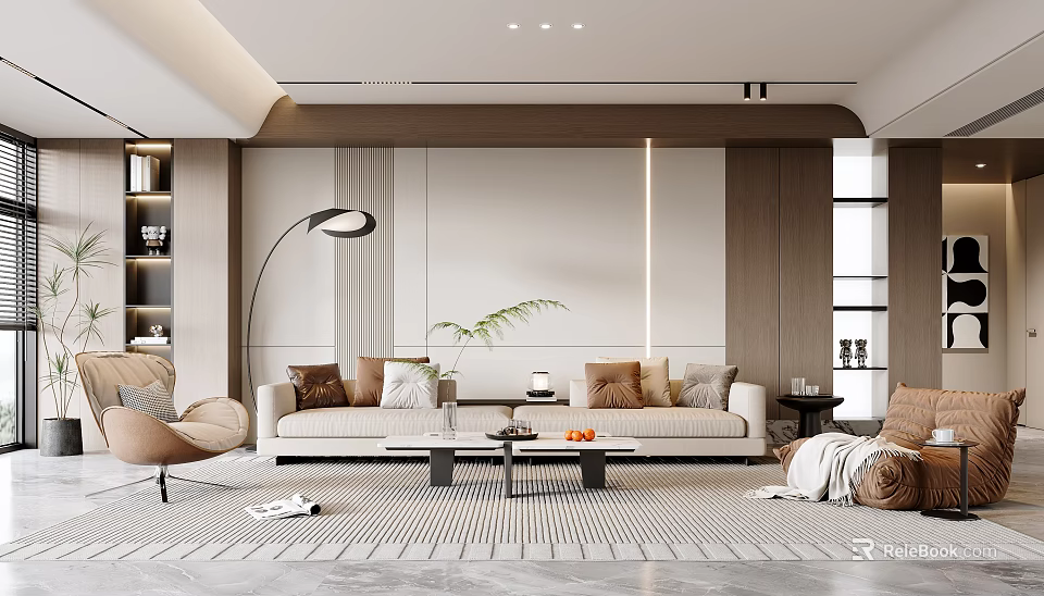 Modern Living Room Interior With Sofa Coffee Table Floor Lamp And Green Plant 3d model 
