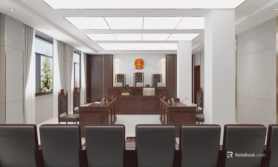 Formal Courtroom Interior With Wooden Judge's Bench National Emblem And Audience Seats 3d model 