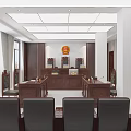 Formal Courtroom Interior With Wooden Judge's Bench National Emblem And Audience Seats