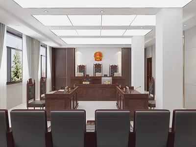 Formal Courtroom Interior With Wooden Judge's Bench National Emblem And Audience Seats 3d model